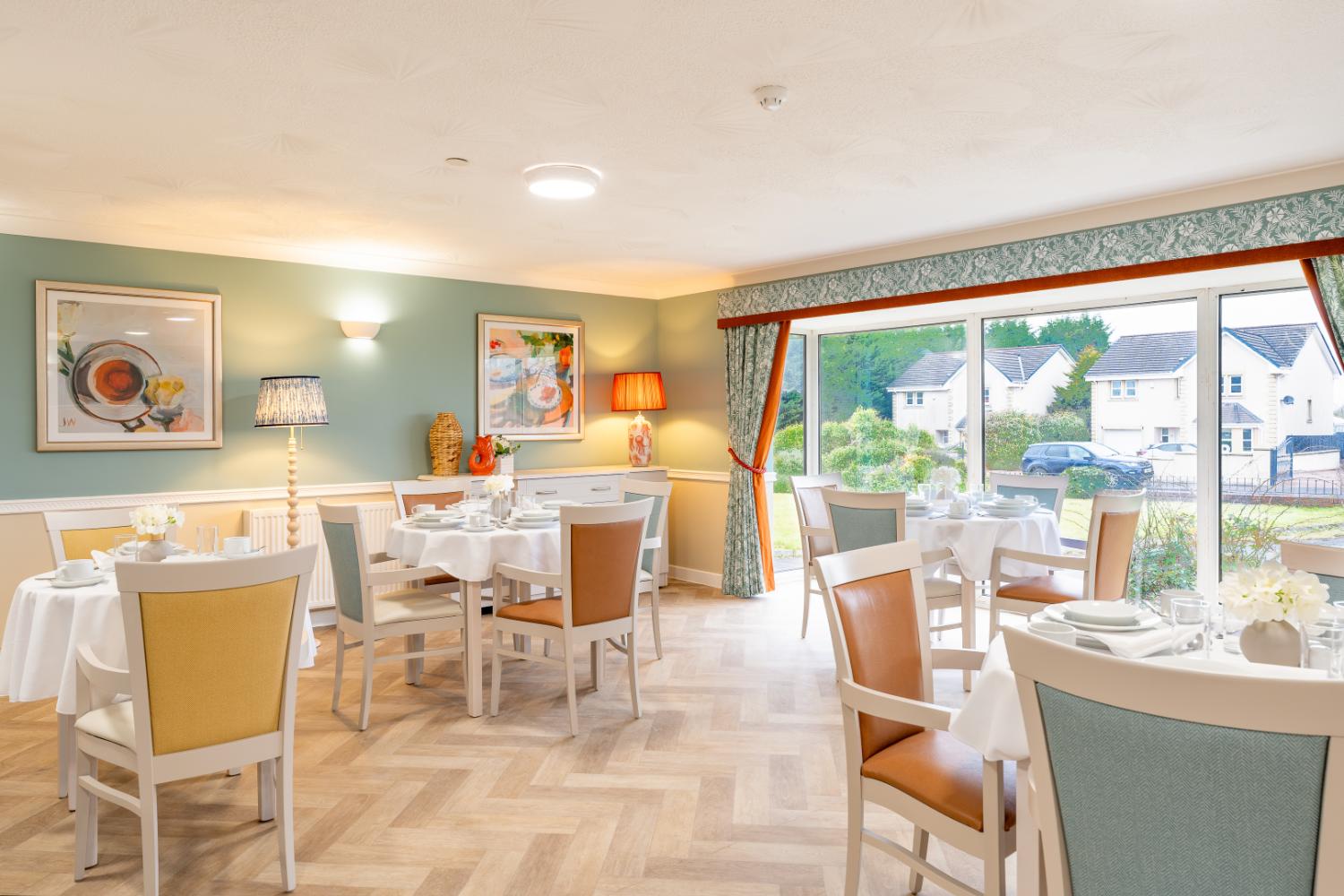 pastel coloured dining room at ashlea court